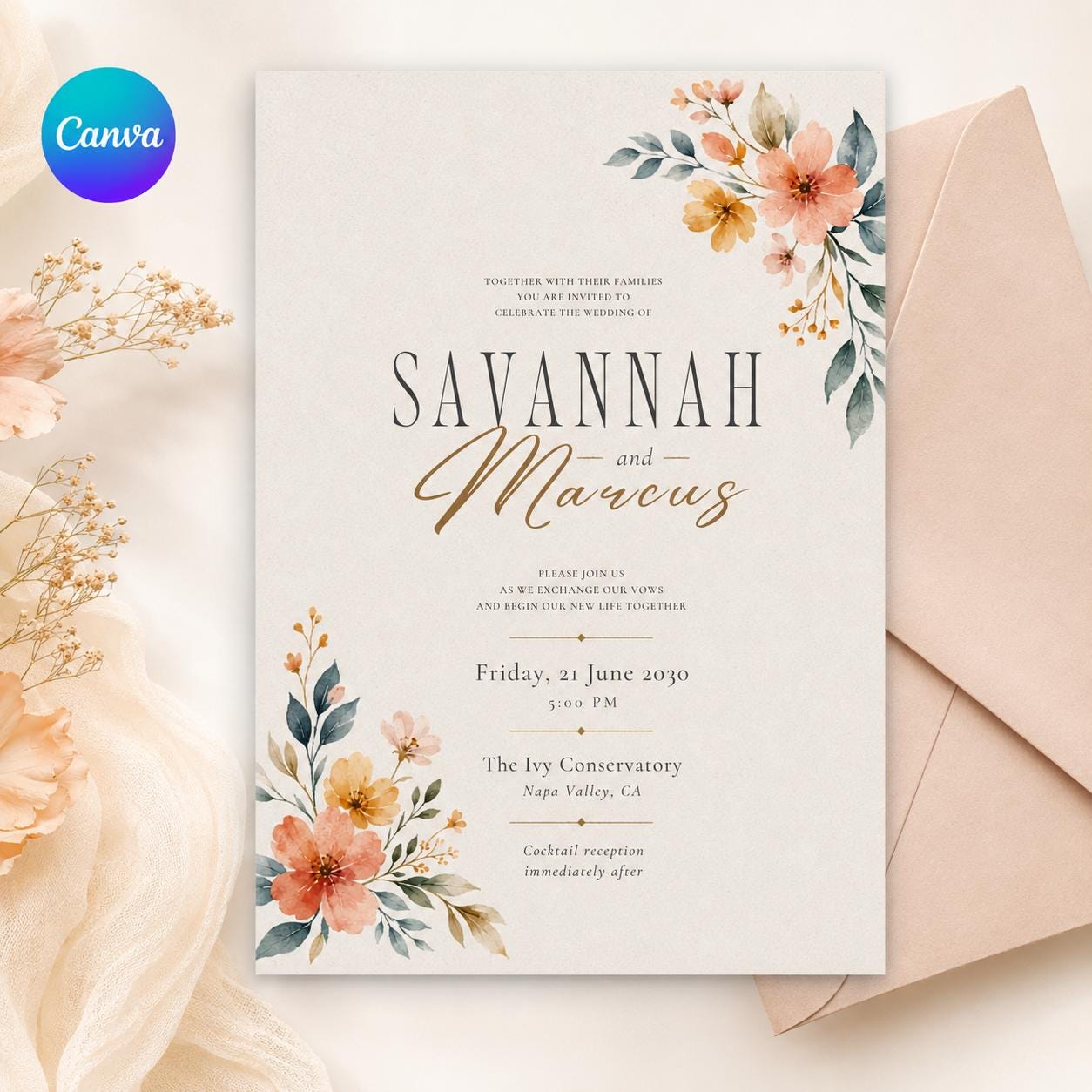 Editable Canva Wedding Invitation Template , Floral Watercolor Design, Save the Date Wedding Invitation Template Floral Eucalyptus Design __etsy:8103687003