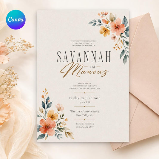 Editable Canva Wedding Invitation Template , Floral Watercolor Design, Save the Date Wedding Invitation Template Floral Eucalyptus Design __etsy:8103687003