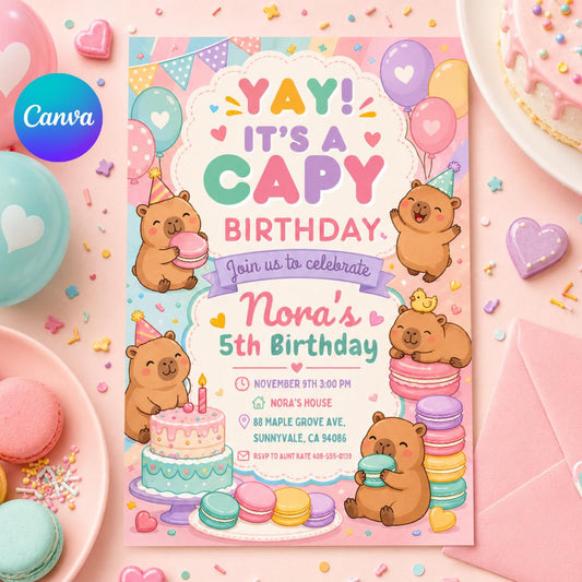 Editable Capybara Birthday Invitation, Cute Kawaii Animal Party Invite, Pastel Capy Birthday Template, Capy Bears Editable Canva Template __etsy:8010567478