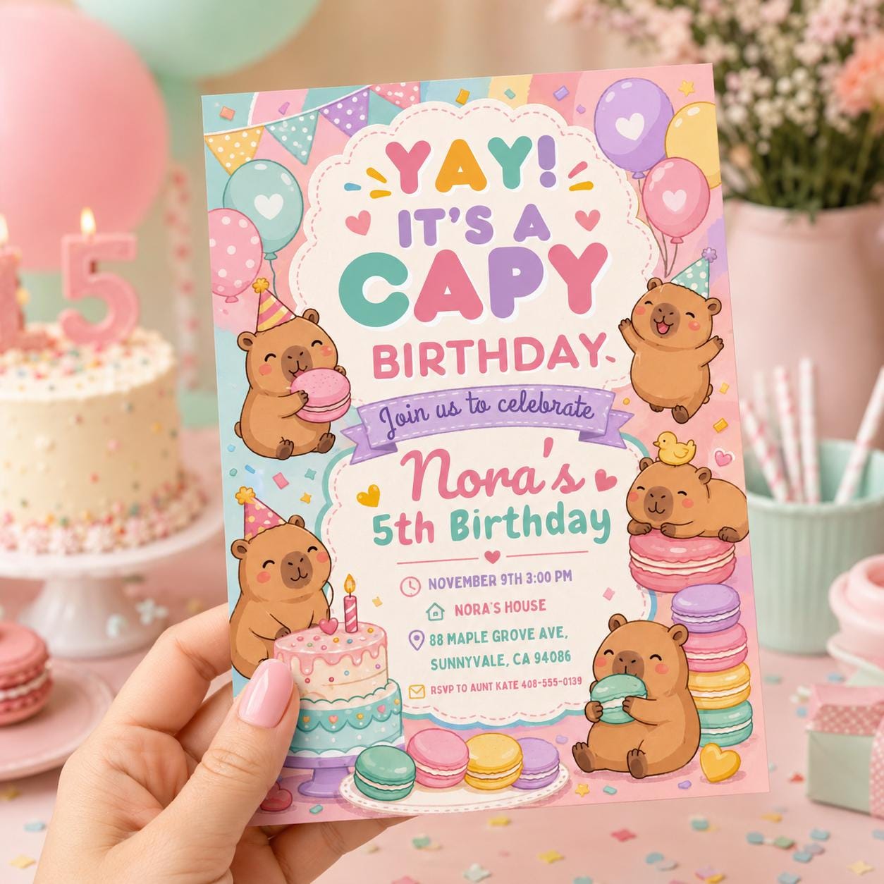 Editable Capybara Birthday Invitation, Cute Kawaii Animal Party Invite, Pastel Capy Birthday Template, Capy Bears Editable Canva Template __etsy:8058480637