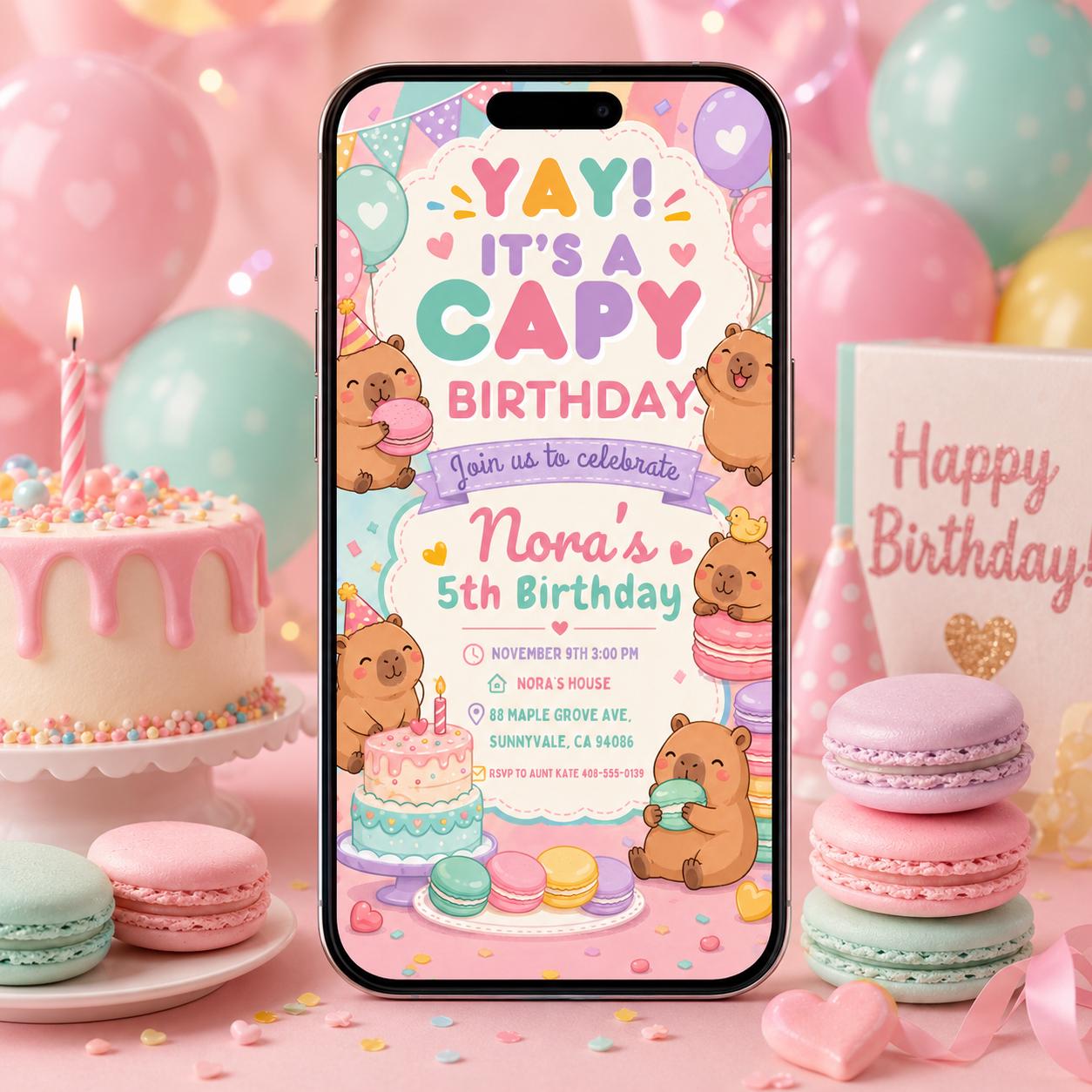 Editable Capybara Birthday Invitation, Cute Kawaii Animal Party Invite, Pastel Capy Birthday Template, Capy Bears Editable Canva Template __etsy:8058480639