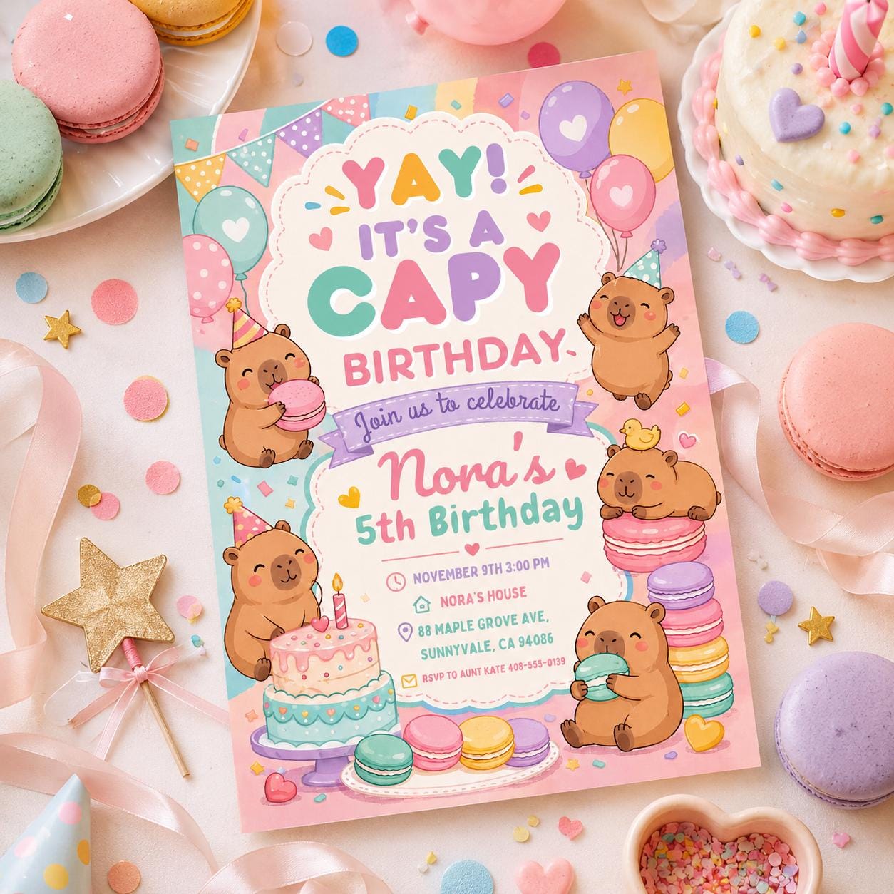 Editable Capybara Birthday Invitation, Cute Kawaii Animal Party Invite, Pastel Capy Birthday Template, Capy Bears Editable Canva Template __etsy:8010566380