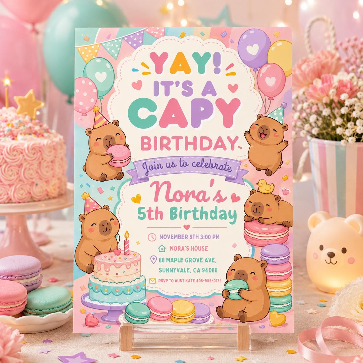 Editable Capybara Birthday Invitation, Cute Kawaii Animal Party Invite, Pastel Capy Birthday Template, Capy Bears Editable Canva Template __etsy:8010566378