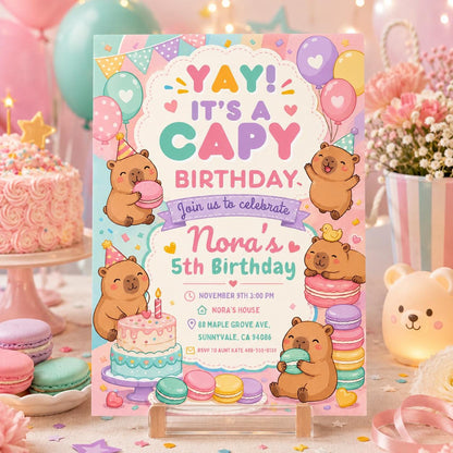 Editable Capybara Birthday Invitation, Cute Kawaii Animal Party Invite, Pastel Capy Birthday Template, Capy Bears Editable Canva Template __etsy:8010566378