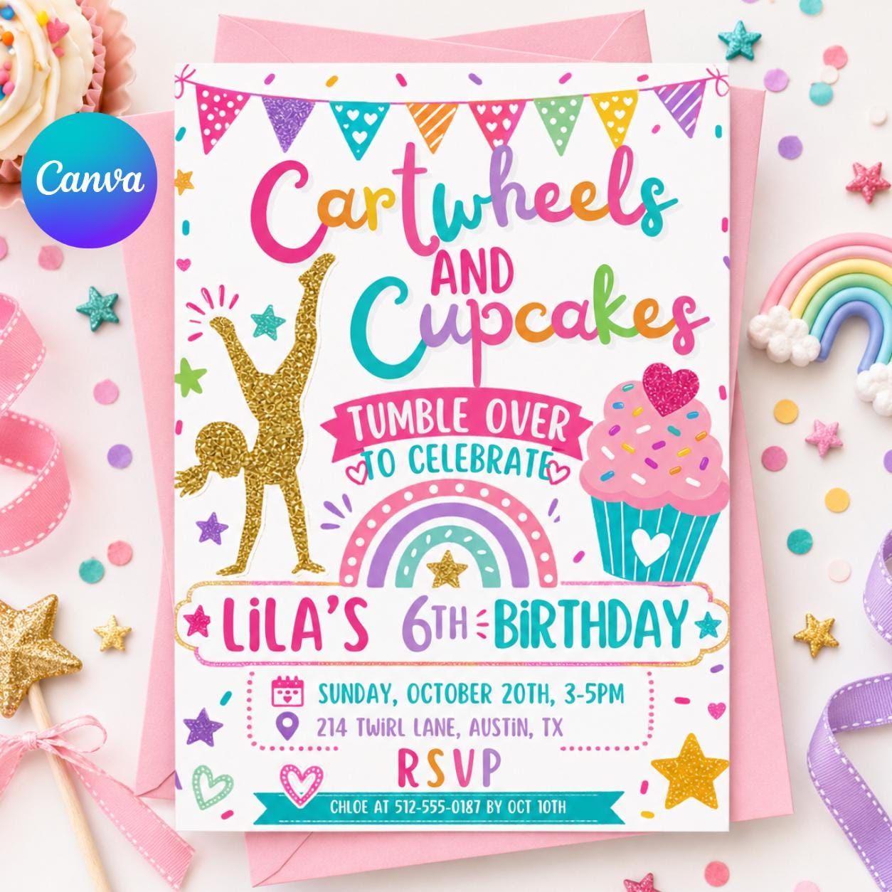 Editable Cartwheels and Cupcakes Birthday invitation, Gymnastics Party invite, Tumbling Birthday, Editable Canva Template __etsy:8039855485