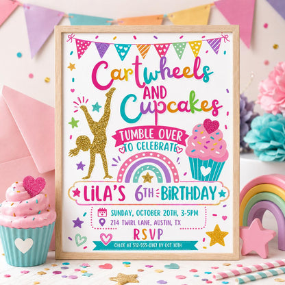 Editable Cartwheels and Cupcakes Birthday invitation, Gymnastics Party invite, Tumbling Birthday, Editable Canva Template __etsy:7991916400