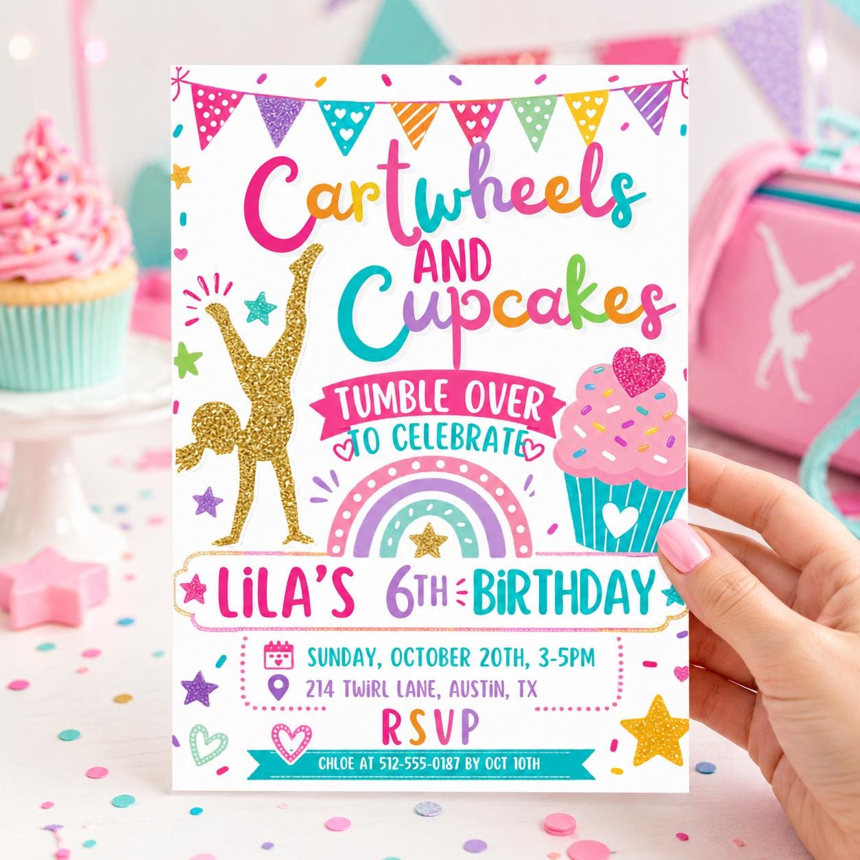 Editable Cartwheels and Cupcakes Birthday invitation, Gymnastics Party invite, Tumbling Birthday, Editable Canva Template __etsy:7991917068