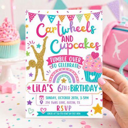 Editable Cartwheels and Cupcakes Birthday invitation, Gymnastics Party invite, Tumbling Birthday, Editable Canva Template __etsy:7991917068
