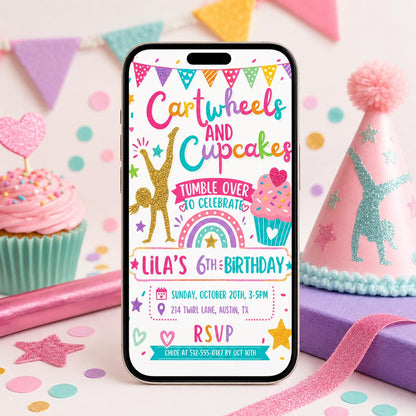 Editable Cartwheels and Cupcakes Birthday invitation, Gymnastics Party invite, Tumbling Birthday, Editable Canva Template __etsy:8039856255