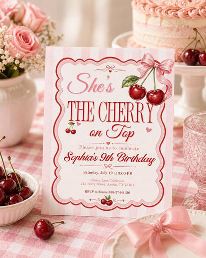 Editable Cherry Birthday Invitation, Stripes & Pink Bow, Cherry on Top Invite, Pink Gingham + Bow Canva Template (Digital Download) __etsy:7970635388