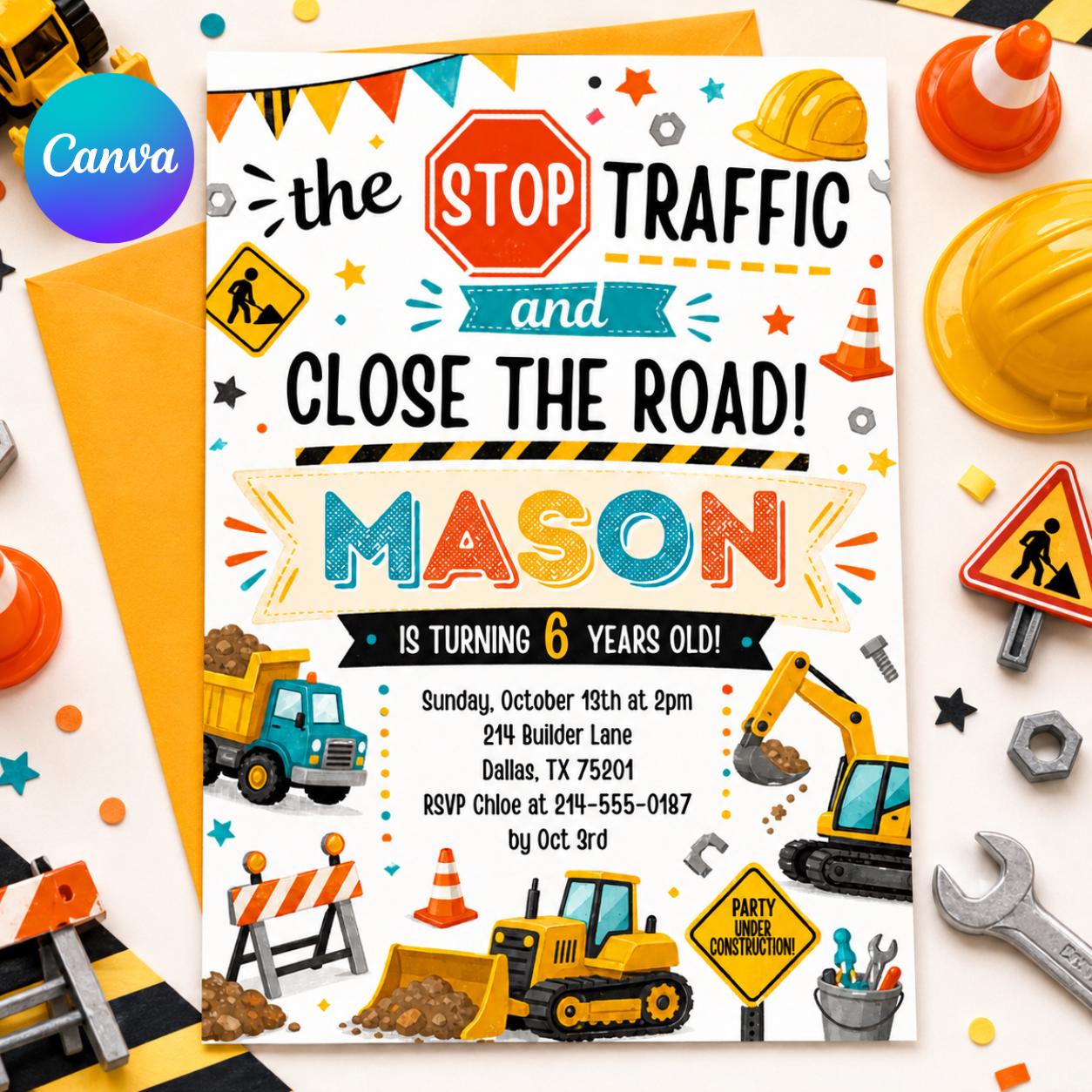 Editable Construction Birthday Invitation Template, 4th Birthday Invite, Under Construction Party, Editable Canva Template __etsy:7991881396