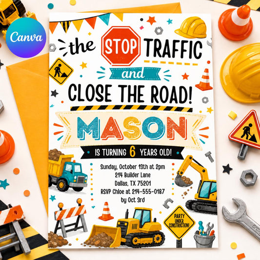 Editable Construction Birthday Invitation Template, 4th Birthday Invite, Under Construction Party, Editable Canva Template __etsy:7991881396
