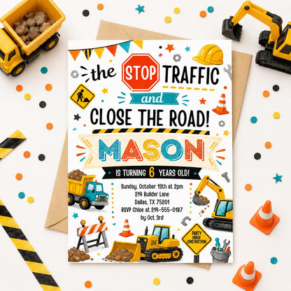 Editable Construction Birthday Invitation Template, 4th Birthday Invite, Under Construction Party, Editable Canva Template __etsy:7991880320