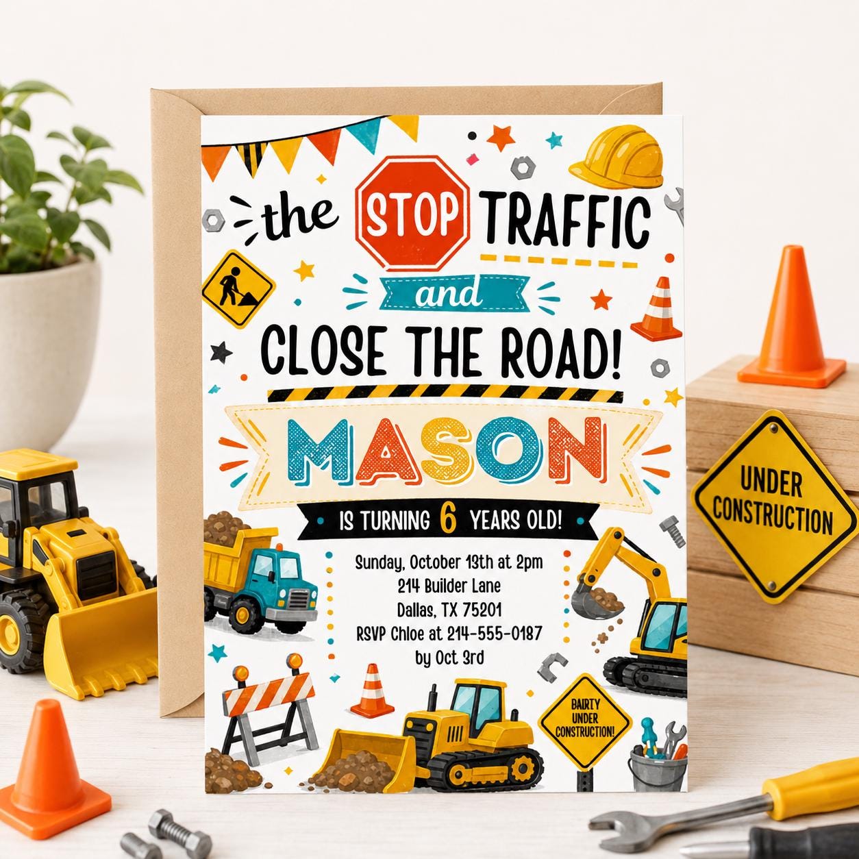 Editable Construction Birthday Invitation Template, 4th Birthday Invite, Under Construction Party, Editable Canva Template __etsy:8039820597