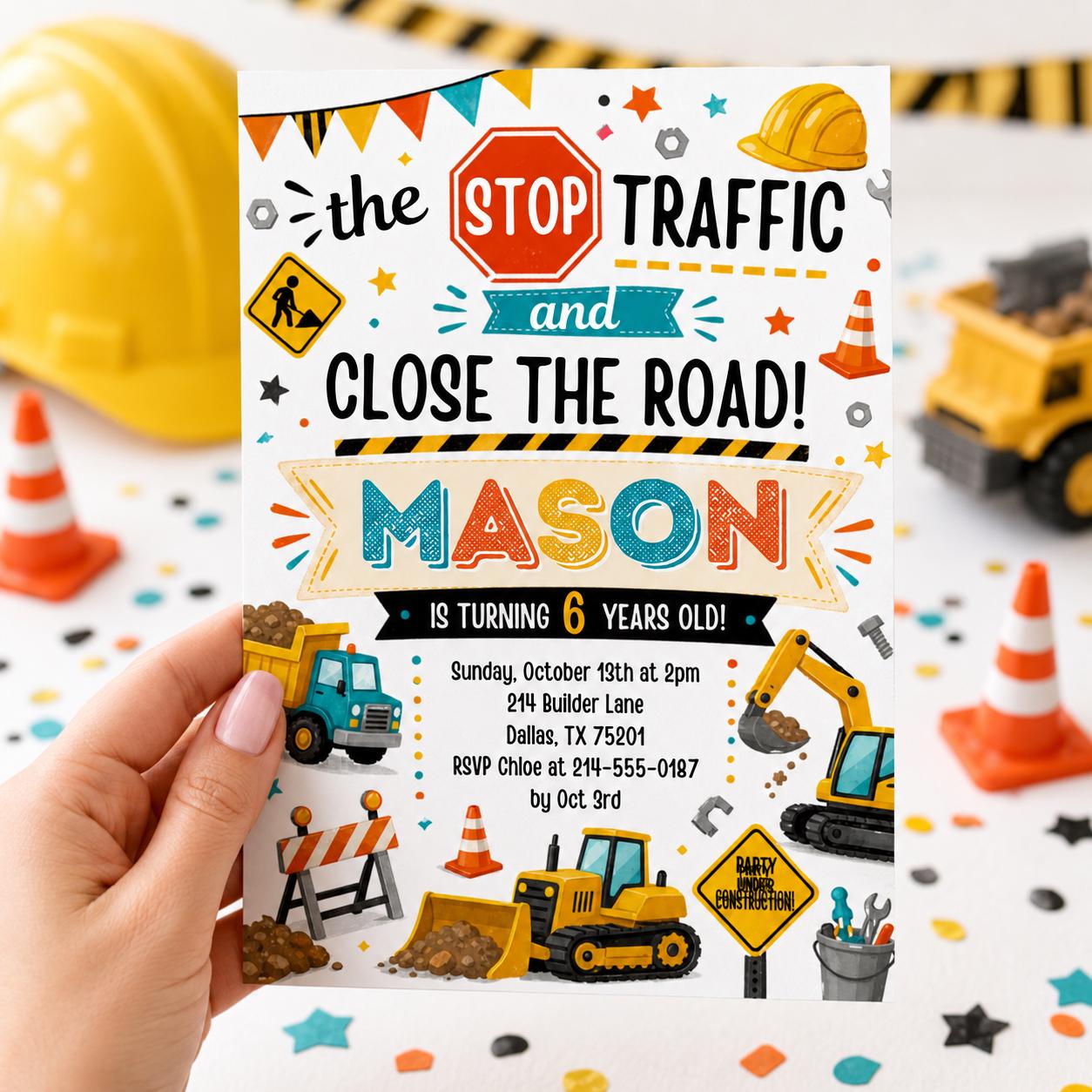 Editable Construction Birthday Invitation Template, 4th Birthday Invite, Under Construction Party, Editable Canva Template __etsy:7991880516