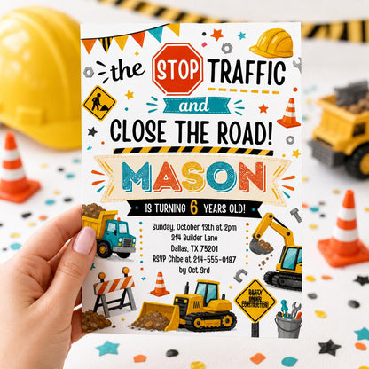 Editable Construction Birthday Invitation Template, 4th Birthday Invite, Under Construction Party, Editable Canva Template __etsy:7991880516