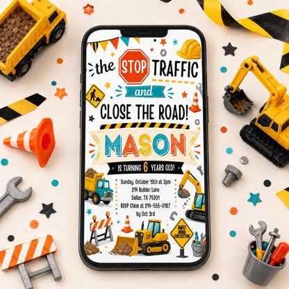 Editable Construction Birthday Invitation Template, 4th Birthday Invite, Under Construction Party, Editable Canva Template __etsy:7991881380