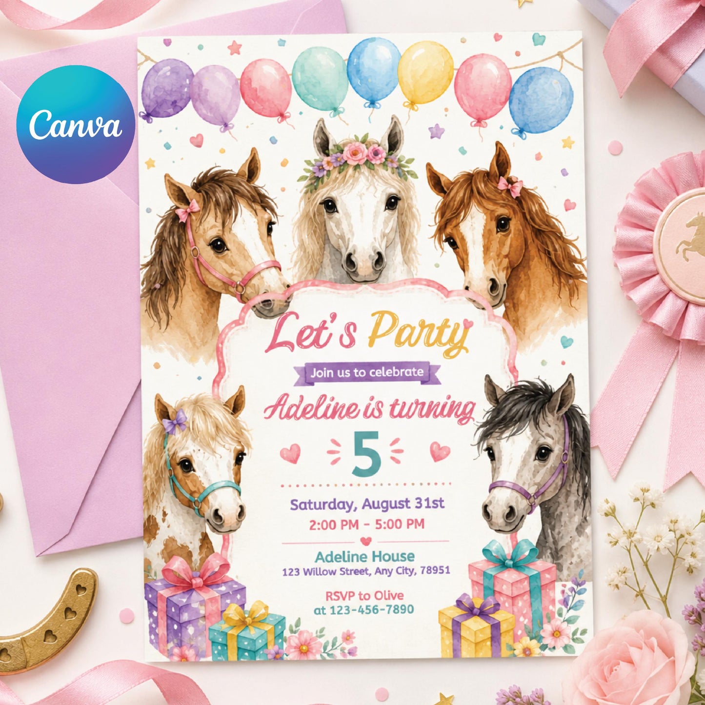 Editable Cowgirl Birthday Invitation Template, Girl Horse Birthday Invitation, Cowgirl Party Horse Invite, Pink Floral Birthday Invitation __etsy:8060082753