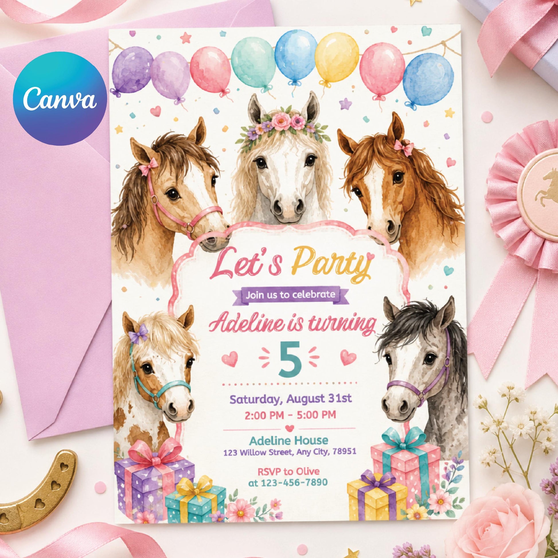 Editable Cowgirl Birthday Invitation Template, Girl Horse Birthday Invitation, Cowgirl Party Horse Invite, Pink Floral Birthday Invitation __etsy:8060082753