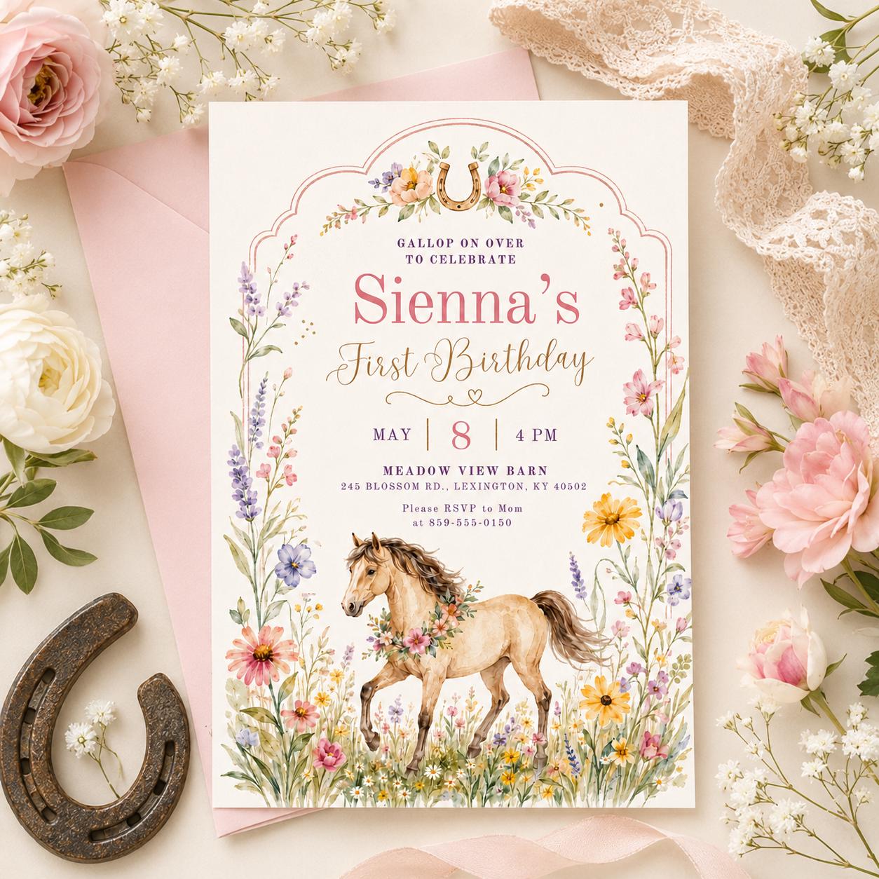 Editable Cowgirl Birthday Invitation Template, Girl Horse Birthday Invitation, Cowgirl Party Horse Invite, Pink Floral Birthday Invitation __etsy:8081763343