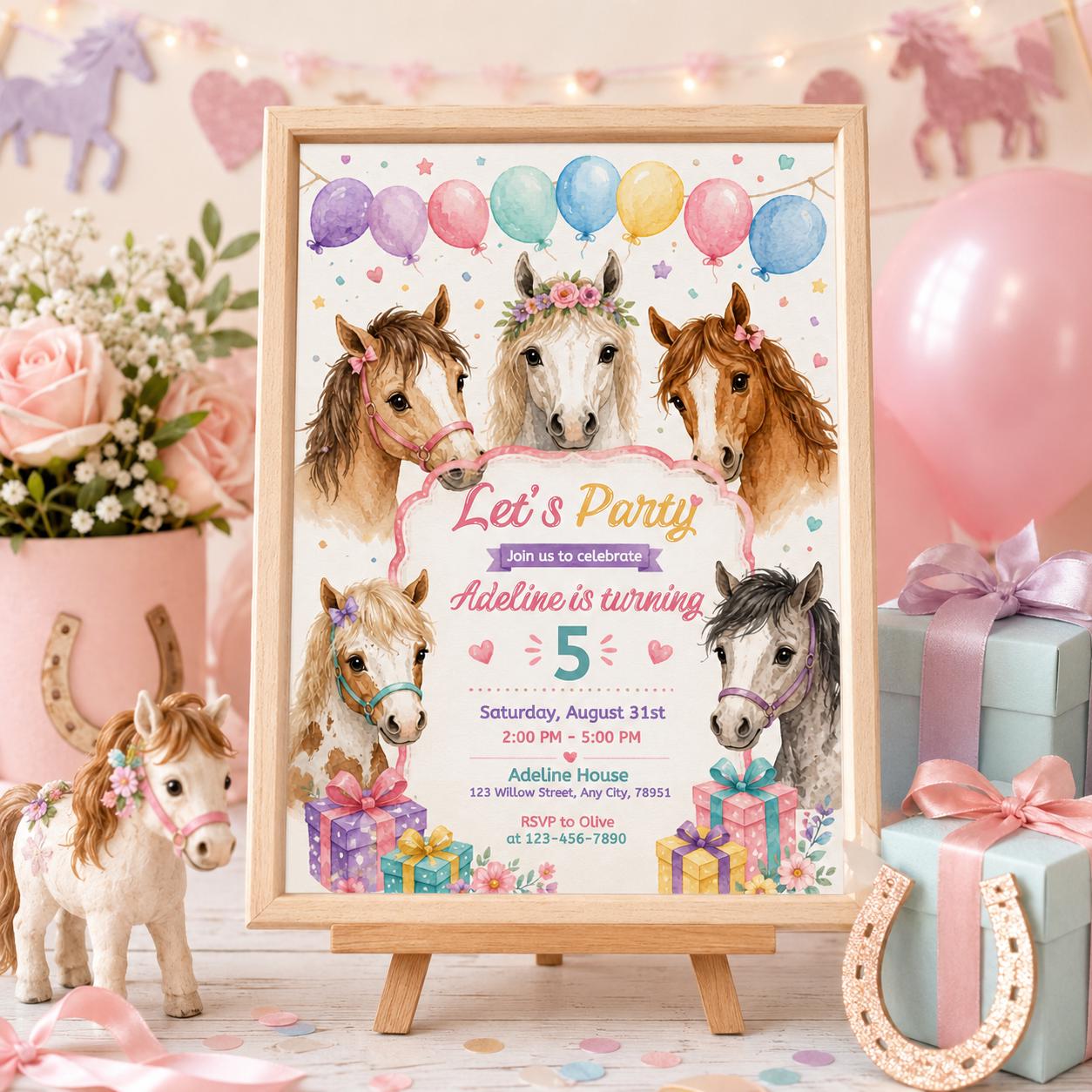 Editable Cowgirl Birthday Invitation Template, Girl Horse Birthday Invitation, Cowgirl Party Horse Invite, Pink Floral Birthday Invitation __etsy:8060068611