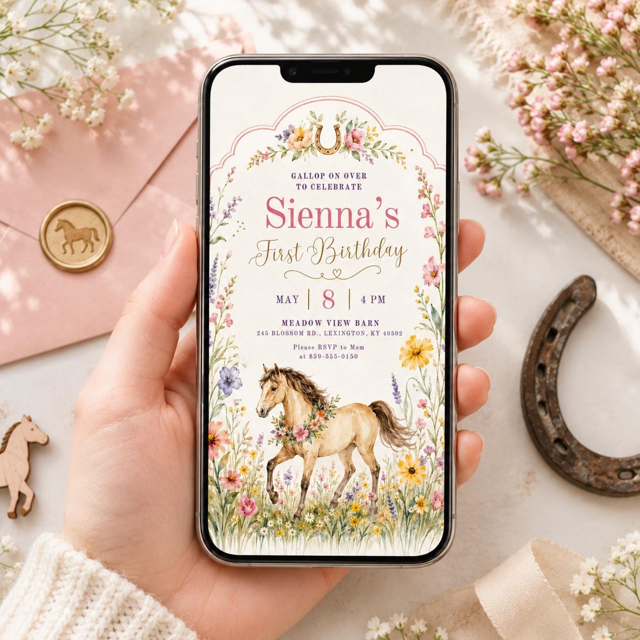 Editable Cowgirl Birthday Invitation Template, Girl Horse Birthday Invitation, Cowgirl Party Horse Invite, Pink Floral Birthday Invitation __etsy:8081346347