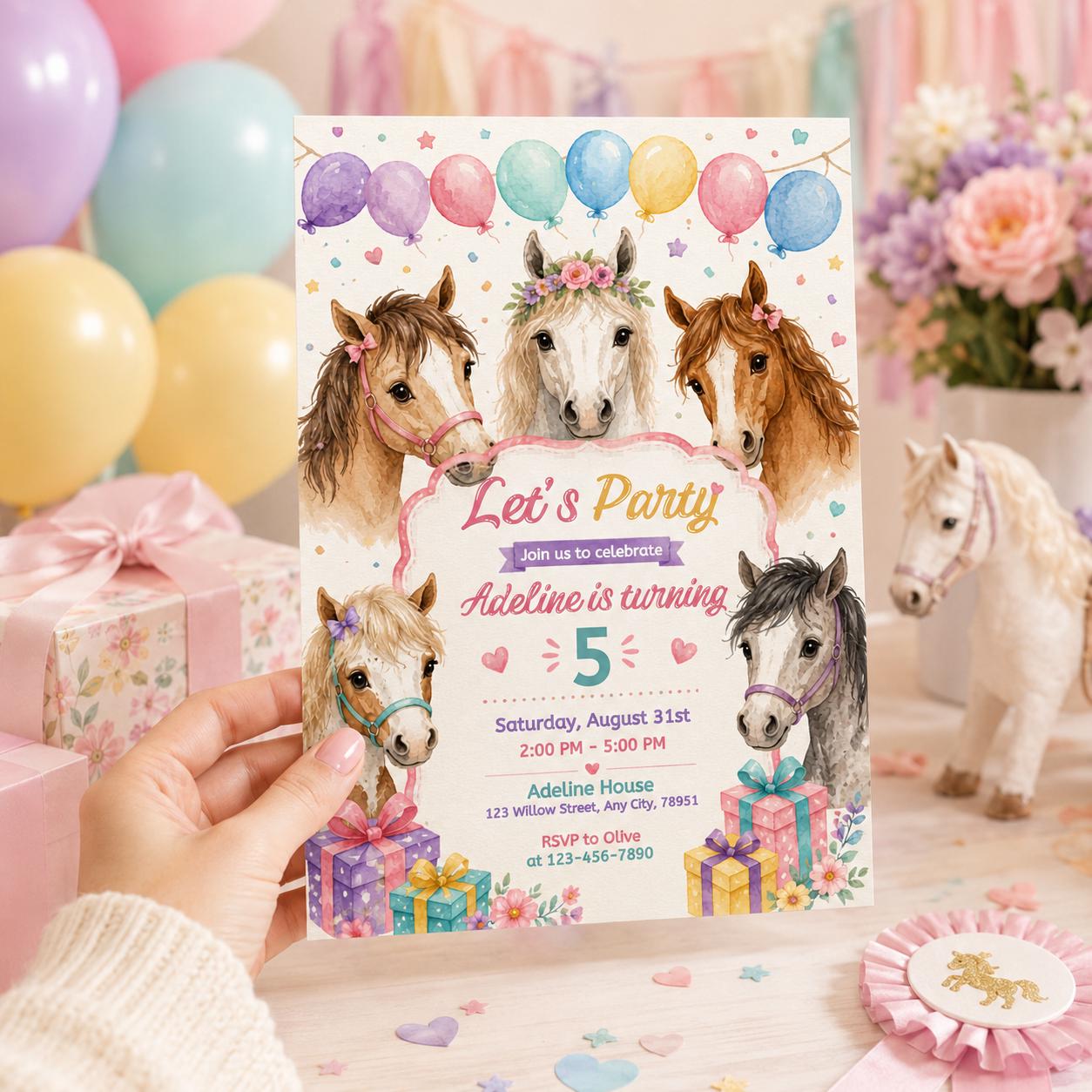 Editable Cowgirl Birthday Invitation Template, Girl Horse Birthday Invitation, Cowgirl Party Horse Invite, Pink Floral Birthday Invitation __etsy:8060068617
