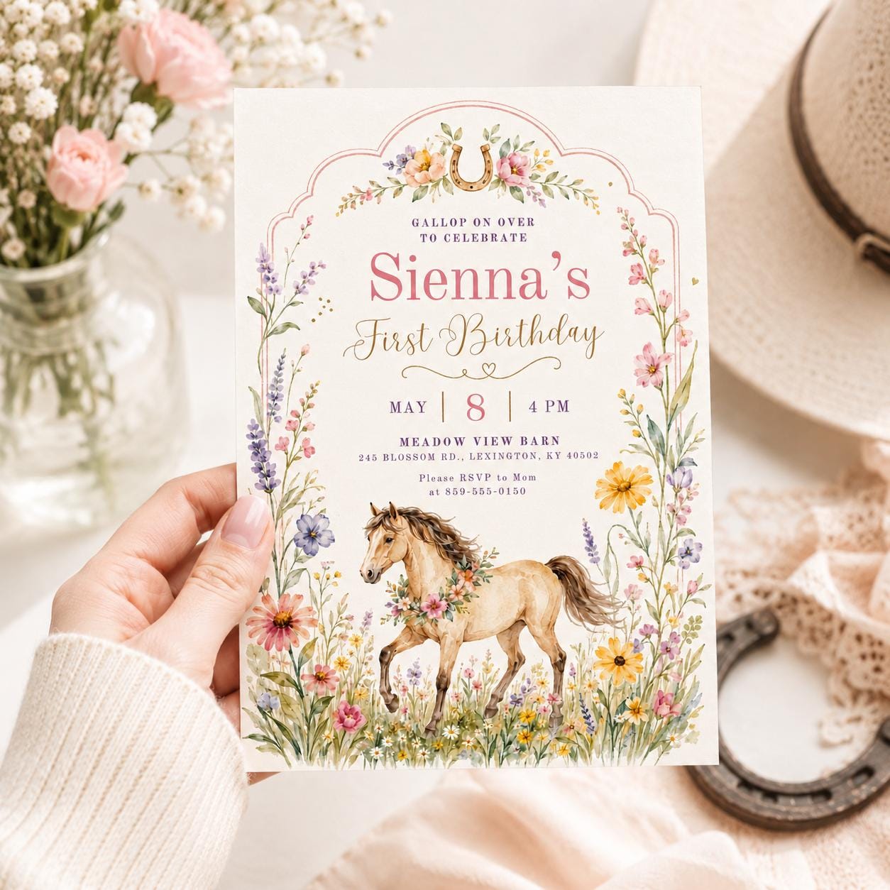 Editable Cowgirl Birthday Invitation Template, Girl Horse Birthday Invitation, Cowgirl Party Horse Invite, Pink Floral Birthday Invitation __etsy:8033433274