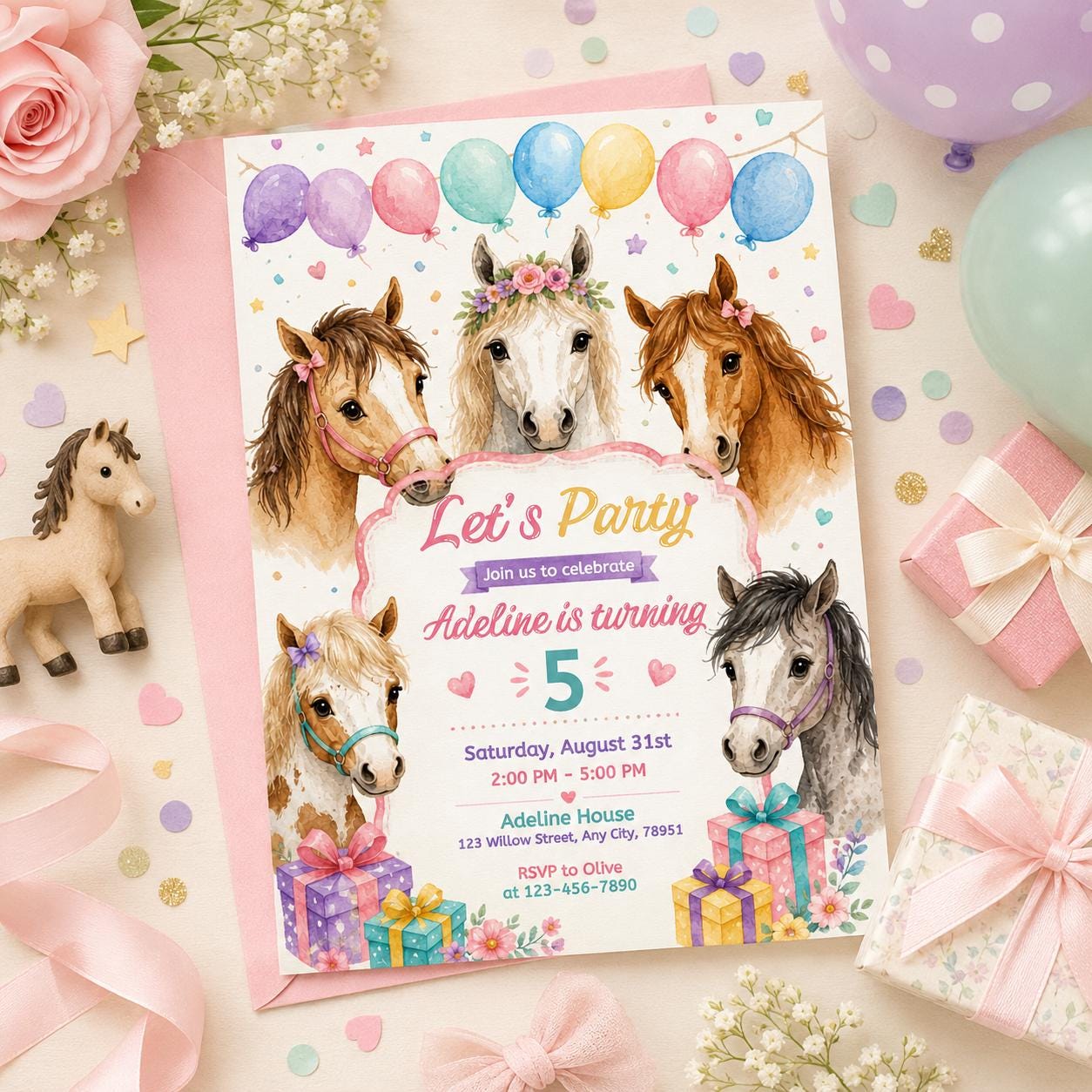 Editable Cowgirl Birthday Invitation Template, Girl Horse Birthday Invitation, Cowgirl Party Horse Invite, Pink Floral Birthday Invitation __etsy:8060068657