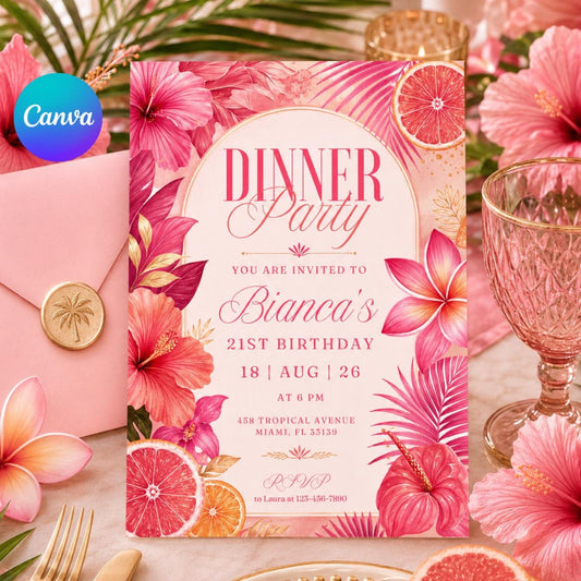 Editable Dinner Party Invitation Template, Tropical Floral Dinner Party , Food & Drink Doodle, Birthday, Occasion Invitation, Canva Template __etsy:8028904372