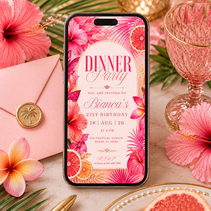 Editable Dinner Party Invitation Template, Tropical Floral Dinner Party , Food & Drink Doodle, Birthday, Occasion Invitation, Canva Template __etsy:8028892844