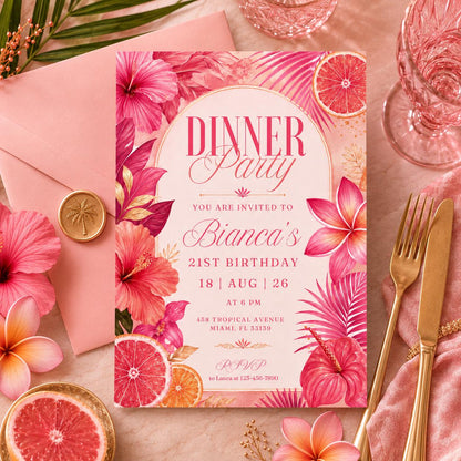 Editable Dinner Party Invitation Template, Tropical Floral Dinner Party , Food & Drink Doodle, Birthday, Occasion Invitation, Canva Template __etsy:8076805305