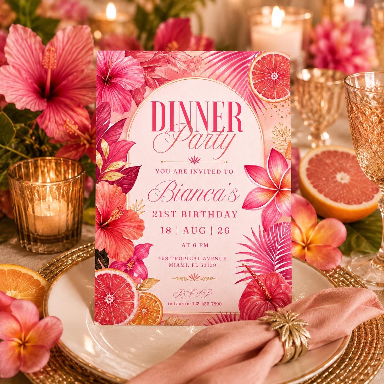 Editable Dinner Party Invitation Template, Tropical Floral Dinner Party , Food & Drink Doodle, Birthday, Occasion Invitation, Canva Template __etsy:8076805299