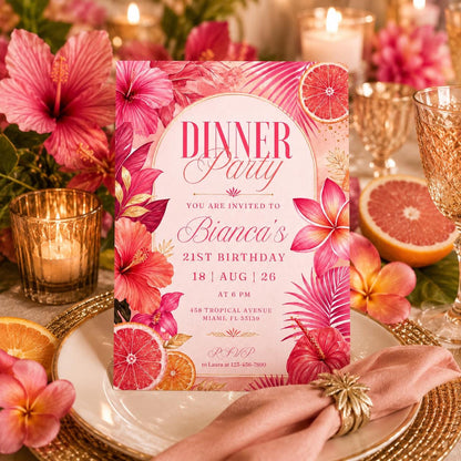 Editable Dinner Party Invitation Template, Tropical Floral Dinner Party , Food & Drink Doodle, Birthday, Occasion Invitation, Canva Template __etsy:8076805299
