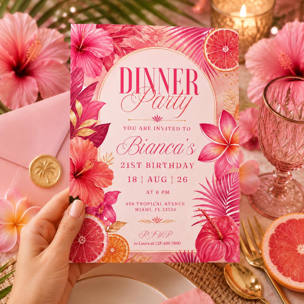 Editable Dinner Party Invitation Template, Tropical Floral Dinner Party , Food & Drink Doodle, Birthday, Occasion Invitation, Canva Template __etsy:8028892848