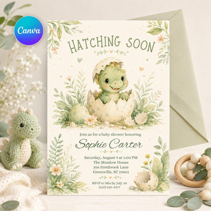Editable Dinosaur Baby Shower Invitation, Hatching Soon Baby Shower Invitation, Dinosaur Boy Invite, Baby Dino Egg, Editable Canva Template __etsy:8097488825