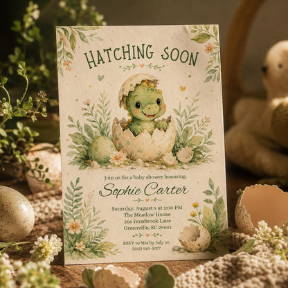 Editable Dinosaur Baby Shower Invitation, Hatching Soon Baby Shower Invitation, Dinosaur Boy Invite, Baby Dino Egg, Editable Canva Template __etsy:8097488803