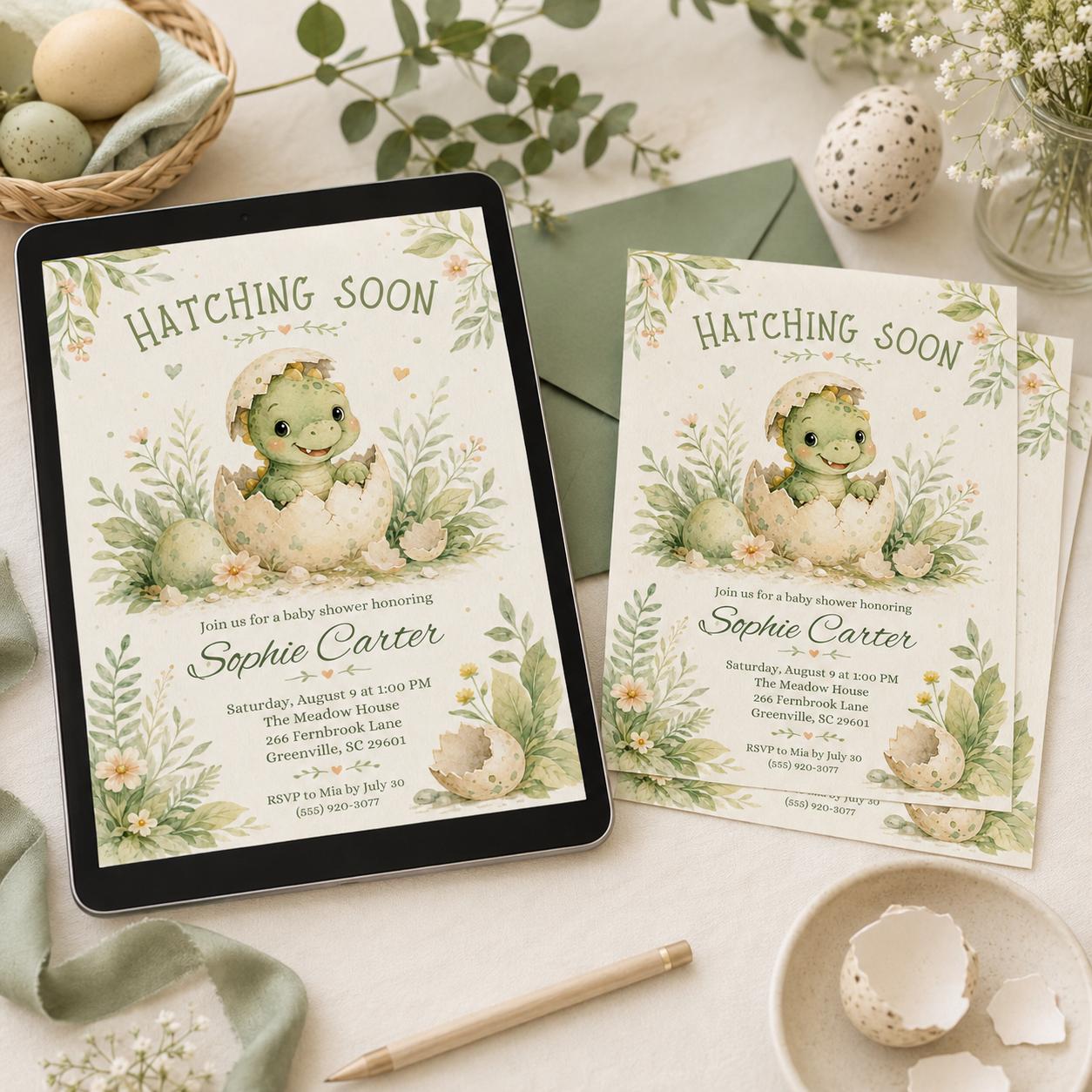 Editable Dinosaur Baby Shower Invitation, Hatching Soon Baby Shower Invitation, Dinosaur Boy Invite, Baby Dino Egg, Editable Canva Template __etsy:8097488821
