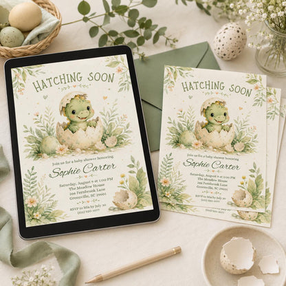 Editable Dinosaur Baby Shower Invitation, Hatching Soon Baby Shower Invitation, Dinosaur Boy Invite, Baby Dino Egg, Editable Canva Template __etsy:8097488821