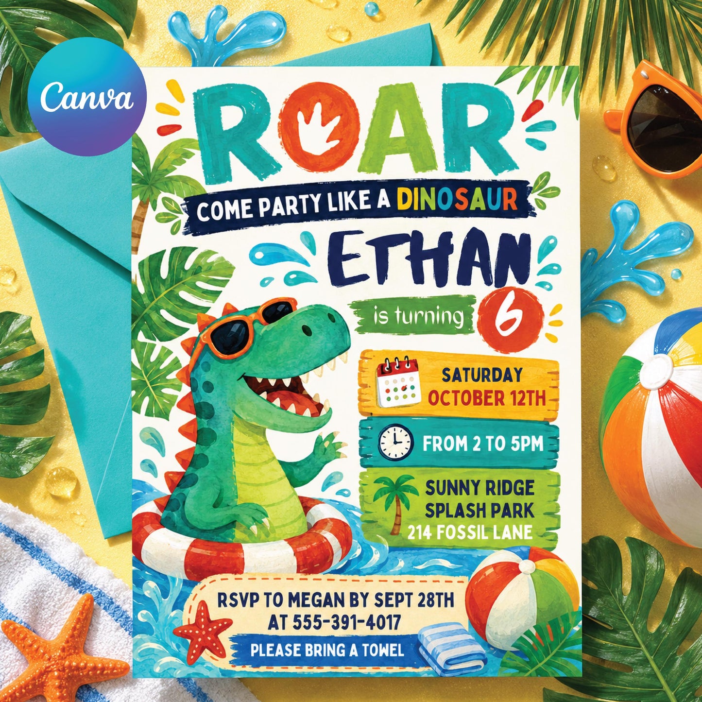 Editable Dinosaur Pool Party Invitation, Swim Dino Birthday invite, Dinosaur Pool Party Birthday, T-rex Dino Swim Invite, Canva __etsy:8070590563