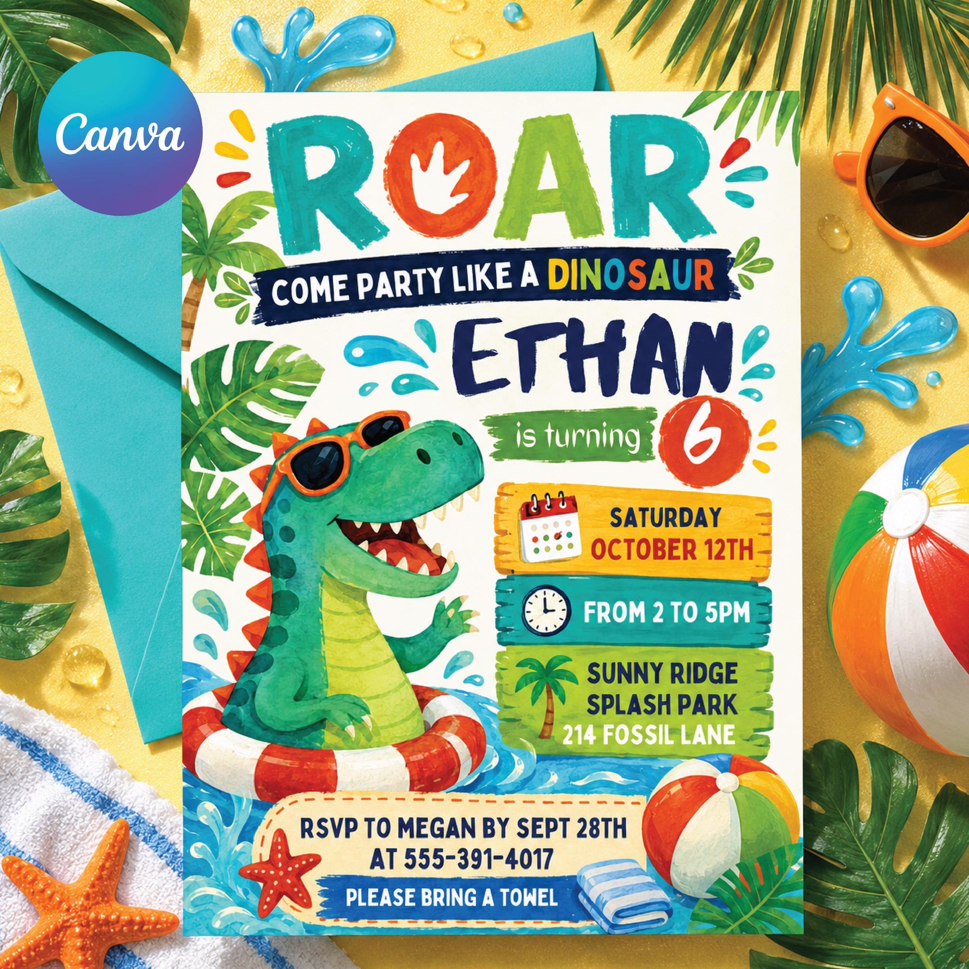 Editable Dinosaur Pool Party Invitation, Swim Dino Birthday invite, Dinosaur Pool Party Birthday, T-rex Dino Swim Invite, Canva __etsy:8070590563