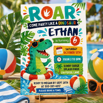 Editable Dinosaur Pool Party Invitation, Swim Dino Birthday invite, Dinosaur Pool Party Birthday, T-rex Dino Swim Invite, Canva __etsy:8022672448
