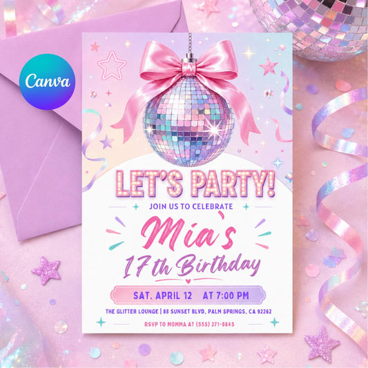 Editable Disco Party Birthday Invite, Silver Black and Sparkles Invite, Disco Ball Birthday Party, Dance Party Template, Let's Disco Canva __etsy:8028854656