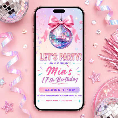 Editable Disco Party Birthday Invite, Silver Black and Sparkles Invite, Disco Ball Birthday Party, Dance Party Template, Let's Disco Canva __etsy:8076766837