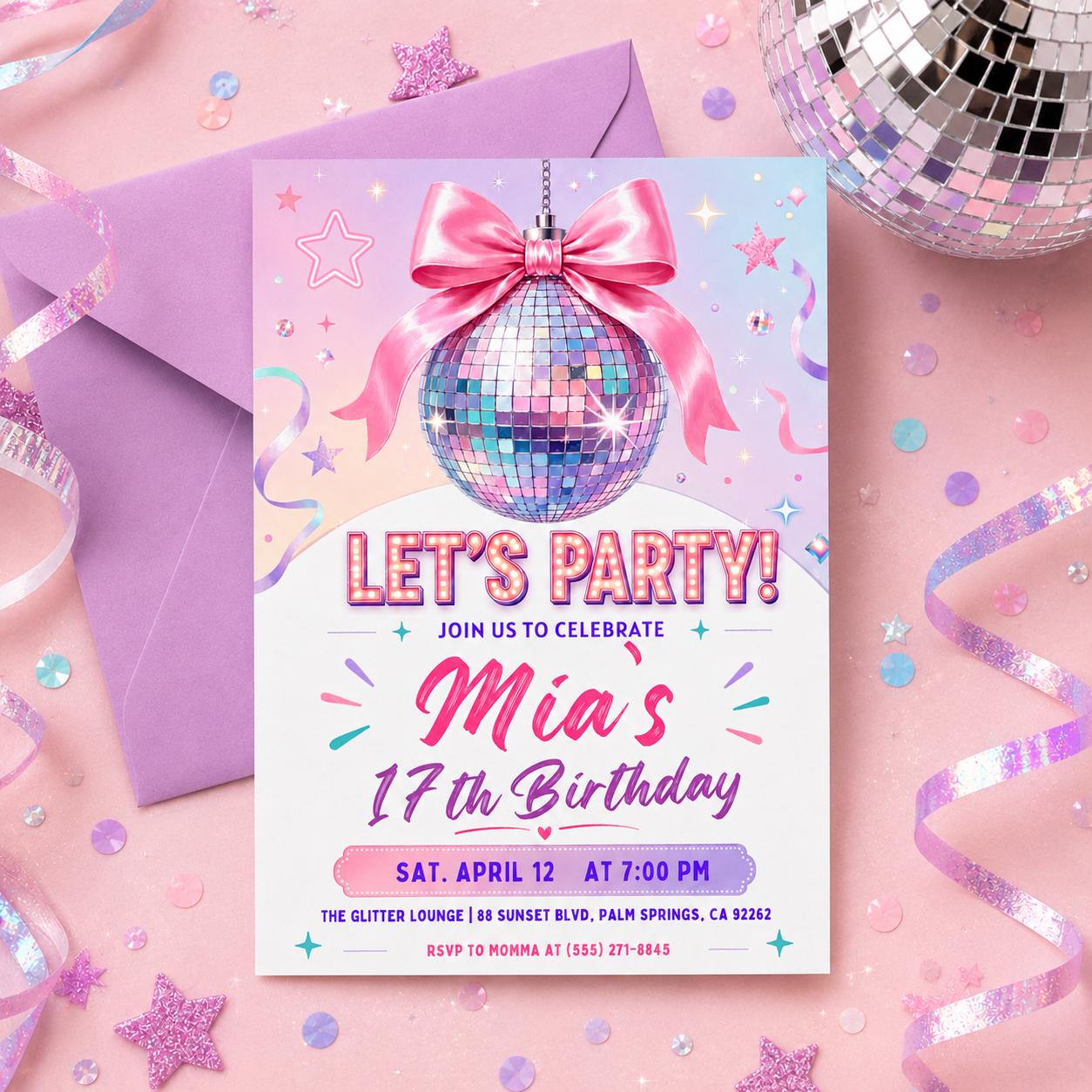 Editable Disco Party Birthday Invite, Silver Black and Sparkles Invite, Disco Ball Birthday Party, Dance Party Template, Let's Disco Canva __etsy:8028854078