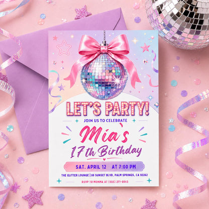 Editable Disco Party Birthday Invite, Silver Black and Sparkles Invite, Disco Ball Birthday Party, Dance Party Template, Let's Disco Canva __etsy:8028854078