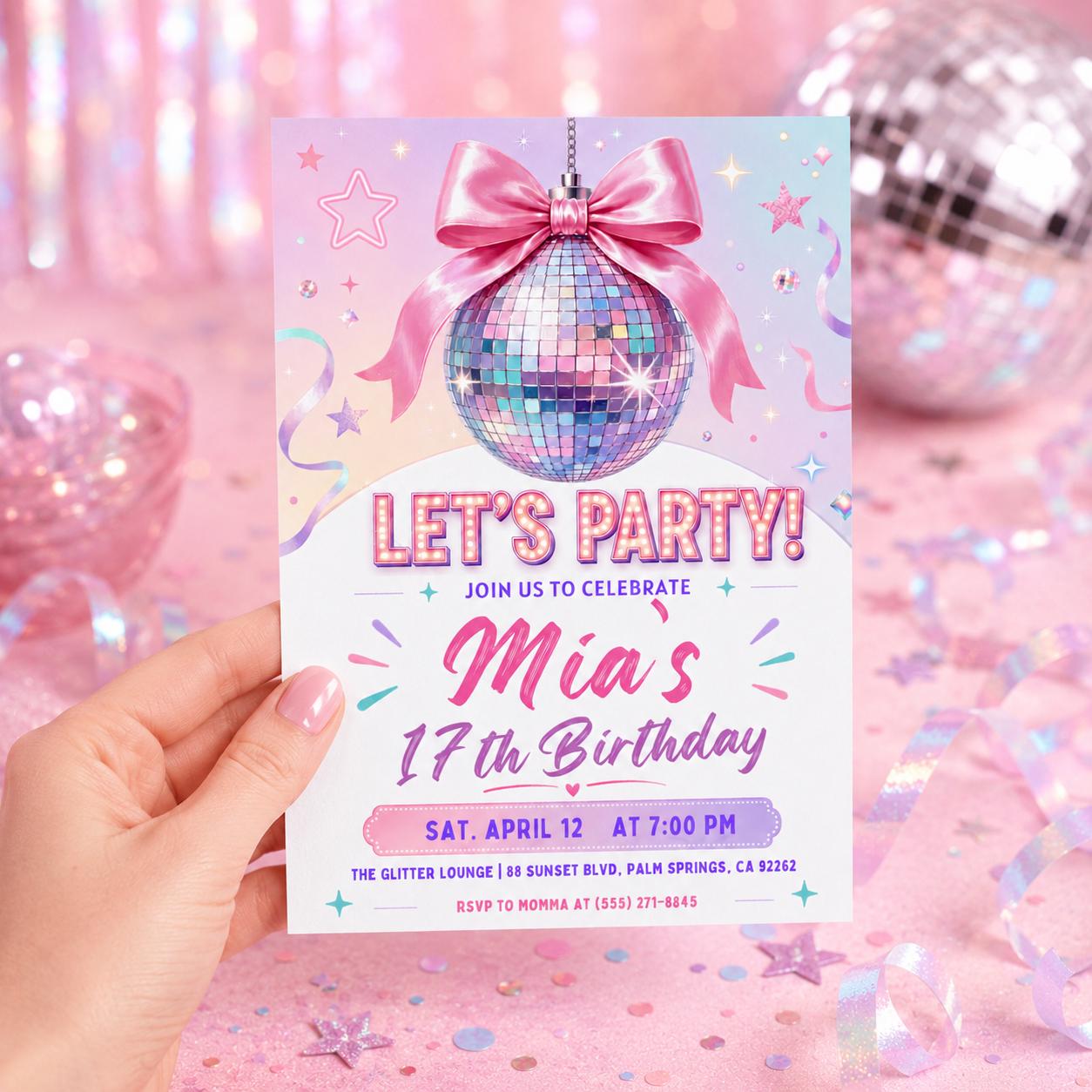 Editable Disco Party Birthday Invite, Silver Black and Sparkles Invite, Disco Ball Birthday Party, Dance Party Template, Let's Disco Canva __etsy:8028854072