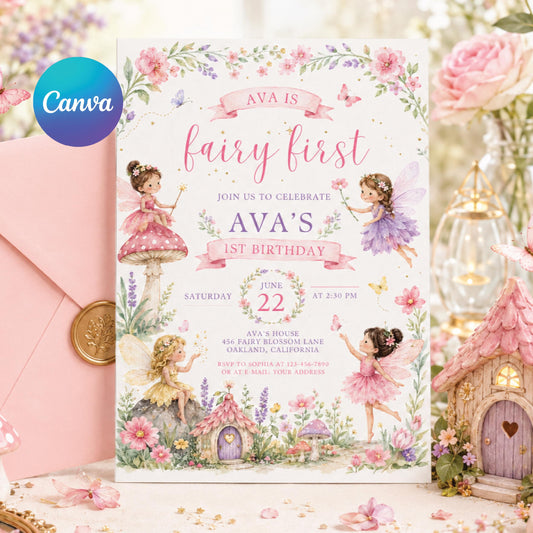 Editable Fairy First Birthday Invitation, Soft Pastel Floral 1st Birthday Party Printable Invite, Wildflower Fairy Garden Tea Party, Canva __etsy:8012741236