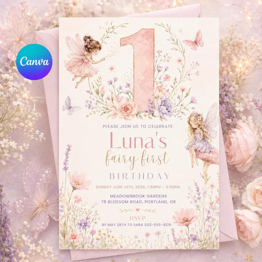 Editable Fairy First Birthday Invitation, Soft Pastel Floral 1st Birthday Party Printable Invite, Wildflower Fairy Garden Tea Party, Canva __etsy:8040306302