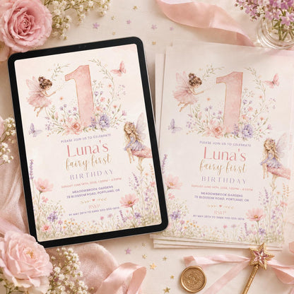 Editable Fairy First Birthday Invitation, Soft Pastel Floral 1st Birthday Party Printable Invite, Wildflower Fairy Garden Tea Party, Canva __etsy:8040305888